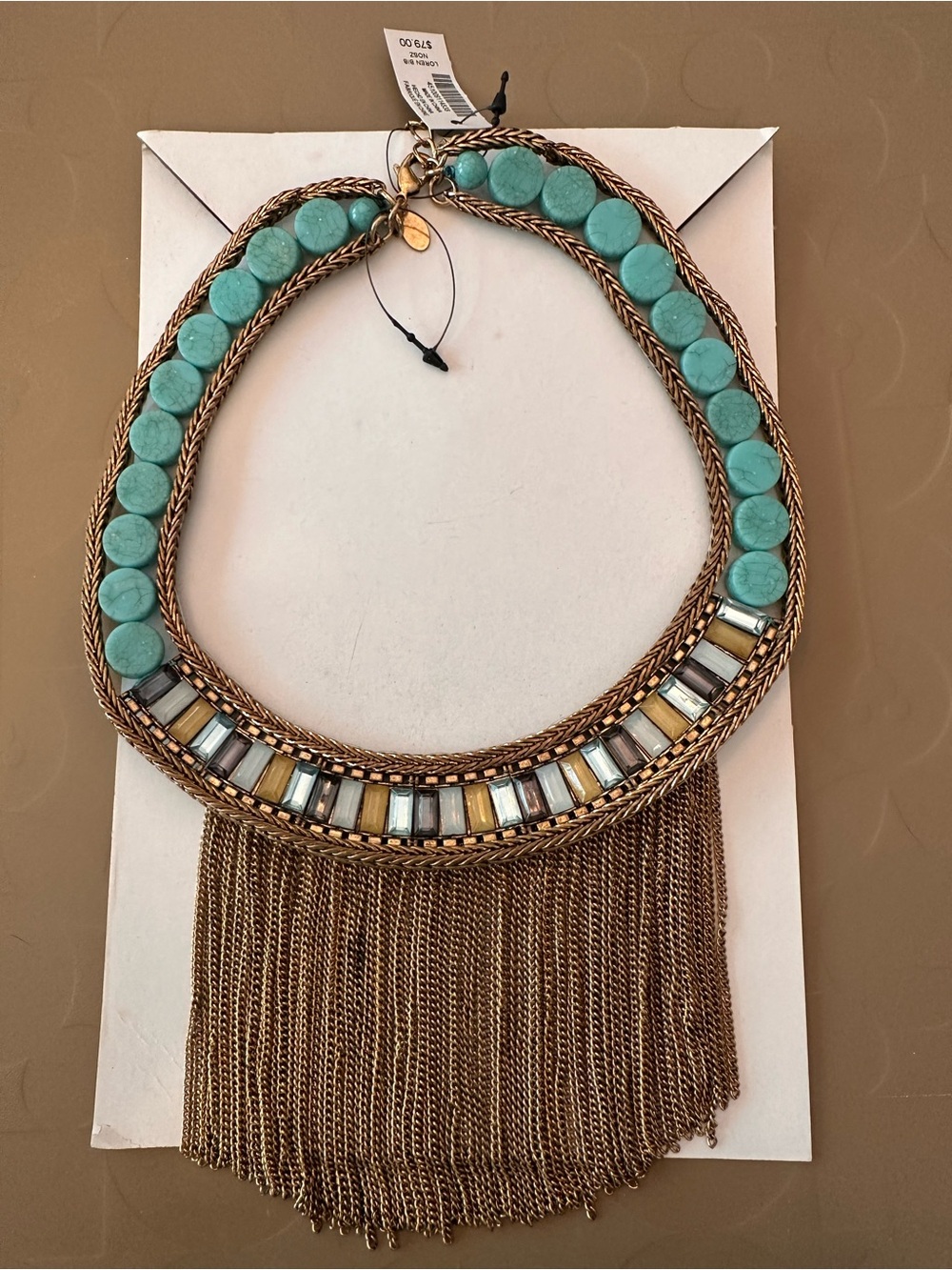 CHICO's Loren BIB Necklace Turquoise Bead and Gold Fringe Statement Necklace NEW
